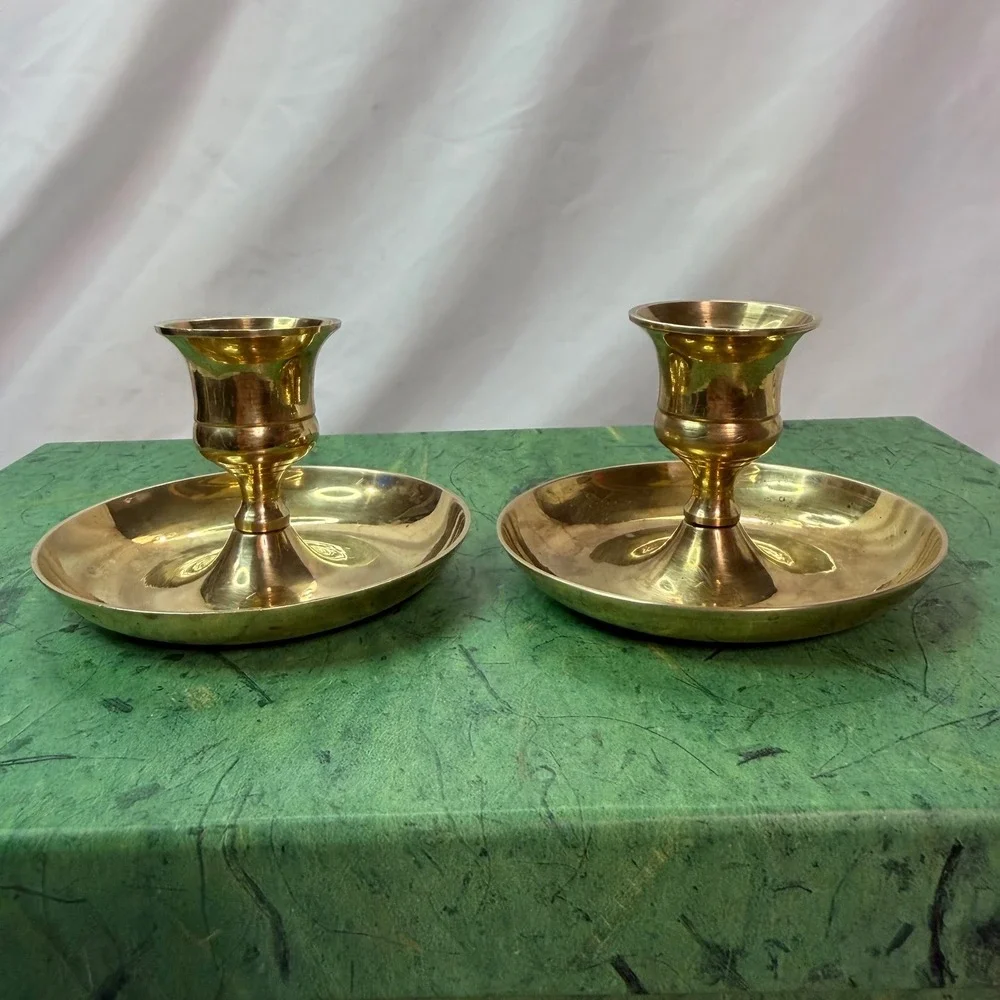 Vintage Solid Brass Chamberstick Taper Candle Holder Set Gold Saucer Base 2pc